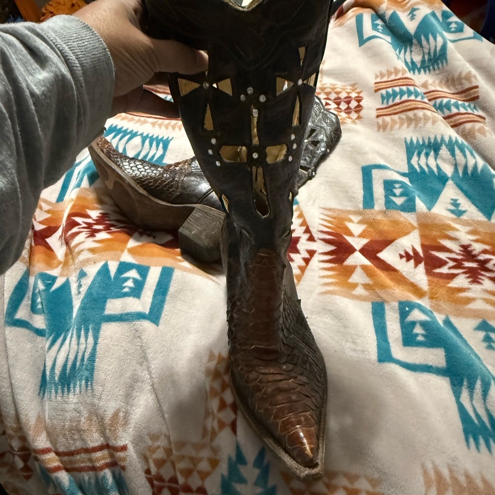 Corral snake skin Western Boots with cross cut outs and rhinestone studs.